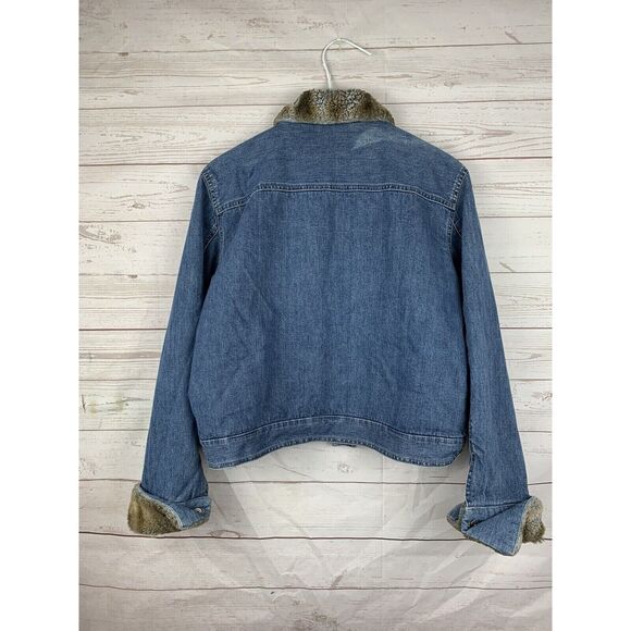 Liz Claiborne Denim Jean Jacket Womens Petite Medium‎ Faux Fur Collar Cuffs - Picture 2 of 5